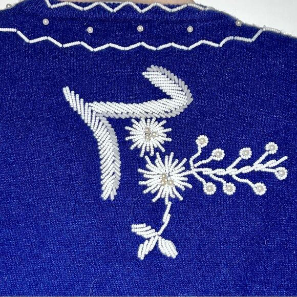 Vtg Cardigan Beaded Floral Navy Blue White Hand Made Cottagecore Lined Jacket M - Picture 9 of 15
